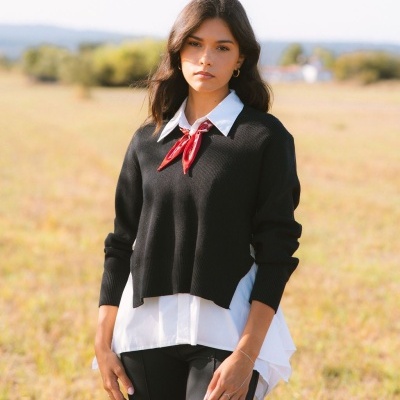 Mulher com camisola preta de malha, camisa branca e lenço vermelho ao pescoço num campo