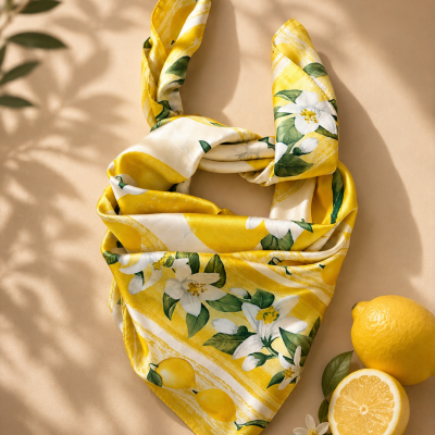 Lenço amarelo com padrão de limões e flores sobre superfície bege com limões frescos