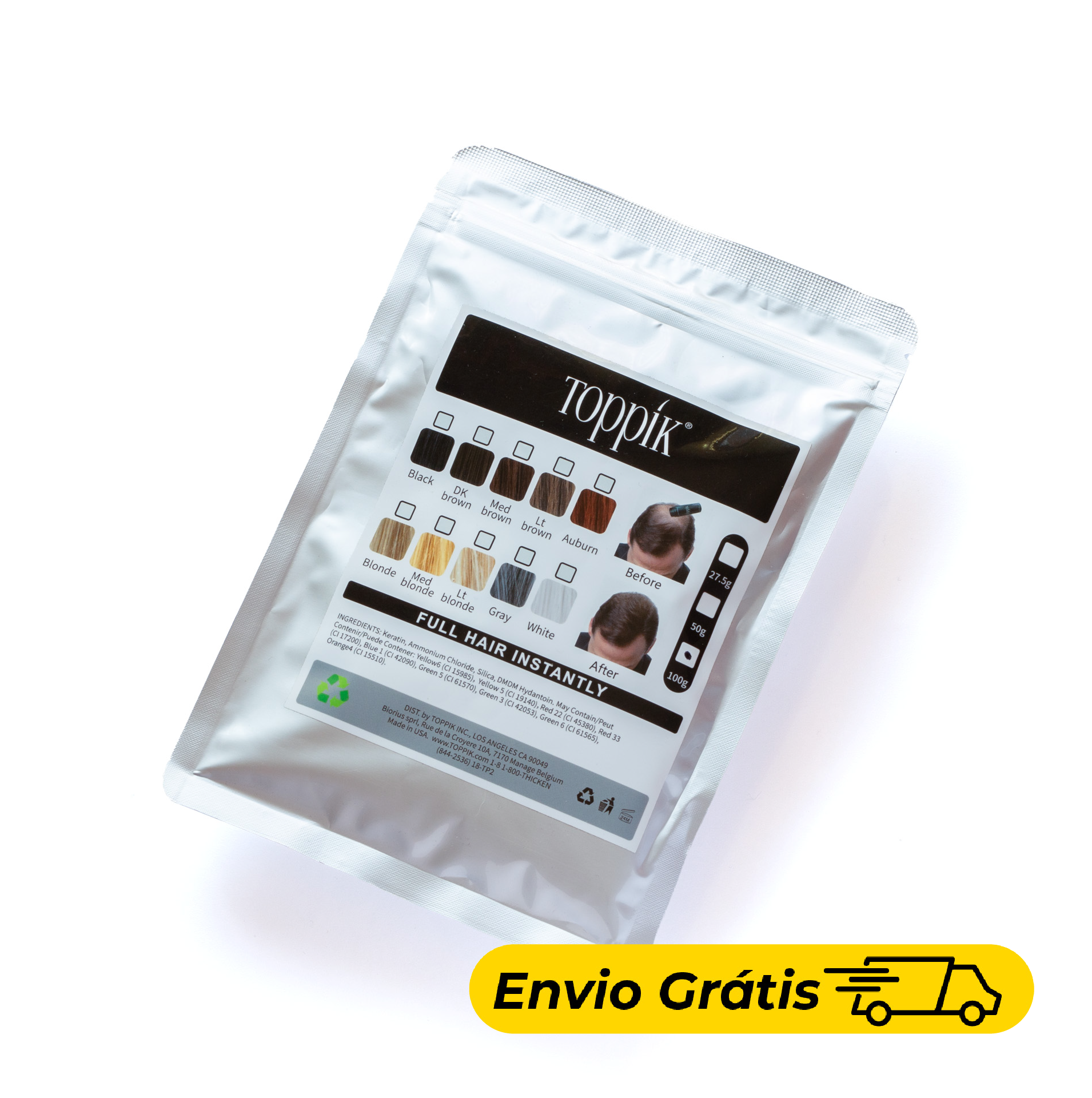 Recarga Toppik Fibras Capilares (100g) Embalagem branca de Toppik com fibras capilares de várias cores e imagens de antes e depois.