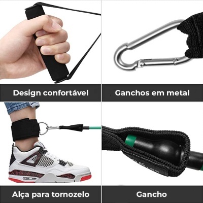 Quatro imagens mostrando pegas, ganchos metálicos, alças para tornozelo e ganchos em acessórios de fitness.