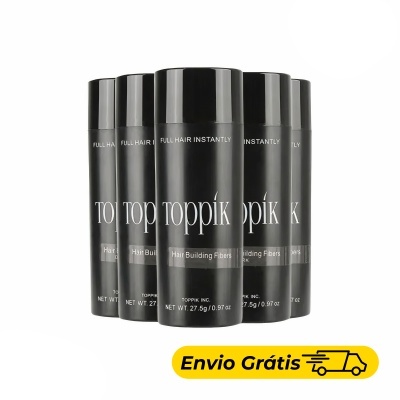 Cinco frascos pretos do produto Toppik Hair Building Fibers em fundo branco com etiqueta amarela de envio grátis
