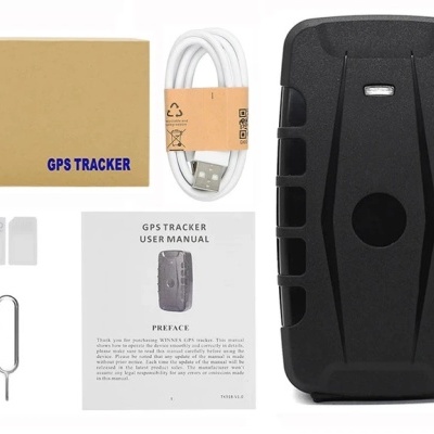 Kit GPS Tracker com dispositivo preto, cabo USB, cartão SIM, broca e manual