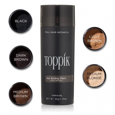 Frasco Toppik Hair Building Fibers Dark Brown com amostras de cores adjacentes