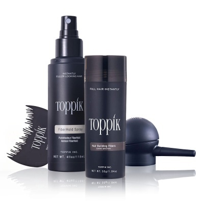 Produtos Toppik para cabelo com spray, fibras capilares, pente e aplicador pretos