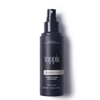 Frasco preto de spray para cabelo toppik FiberHold Spray sobre fundo branco