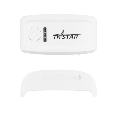 Dispositivo eletrónico branco com botão redondo, indicadores e logótipo TKSTAR em fundo branco