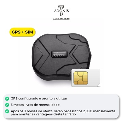 Dispositivo GPS preto com cartão SIM branco sobre fundo branco