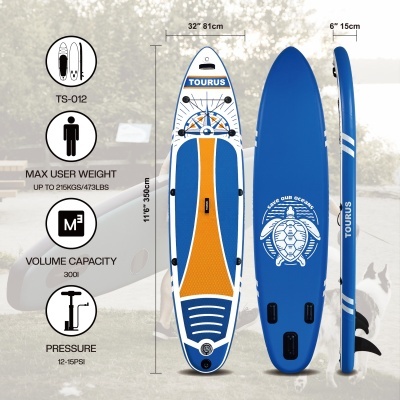 Tabua de paddle surf insuflável azul, branca e laranja com padrão de tartaruga
