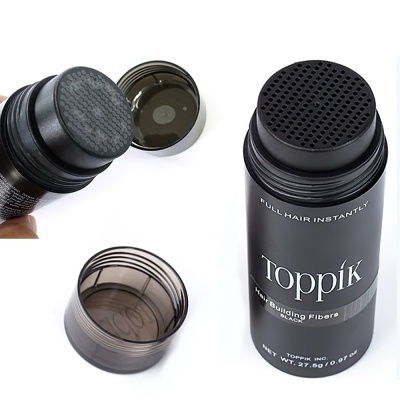 Frasco preto Toppik Hair Building Fibers com aplicador e tampas em fundo branco