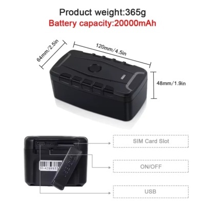 Dispositivo eletrônico preto com ranhura para cartão SIM, botão ON/OFF e porta USB