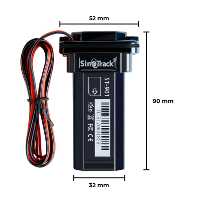 Dispositivo rastreador GPS preto SinoTrack ST-901 com cabos e etiquetas