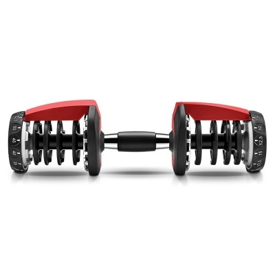 Halter ajustável preto e vermelho com discos de peso e escala numérica