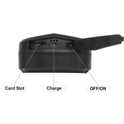 Dispositivo preto com entradas para cartão, carga USB-C e botão ON/OFF