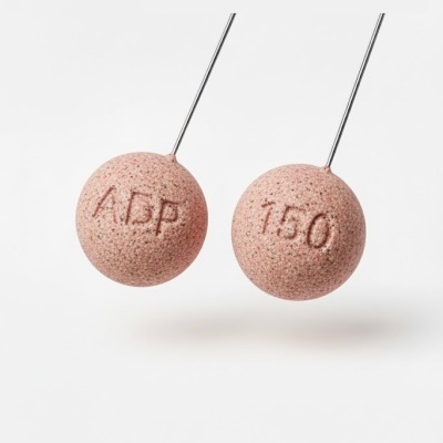 Duas bolas cor de rosa com inscrições ADP e 150 suspensas por fios metálicos