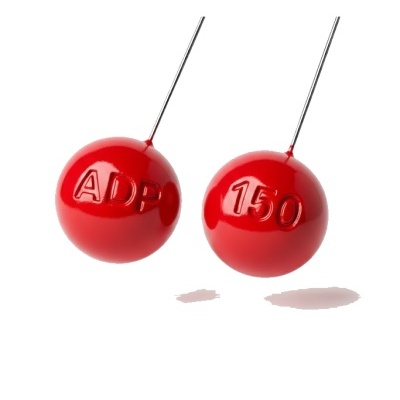 Par de esferas vermelhas com inscrições ADP e 150