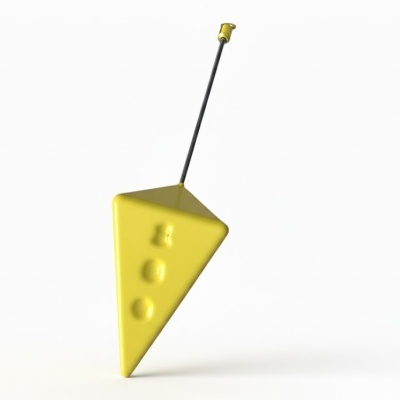 Pingente triangular amarelo com círculos em relevo e cordão preto.