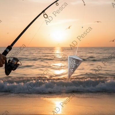 Cana de pesca com chumbo triangular e pôr do sol na praia