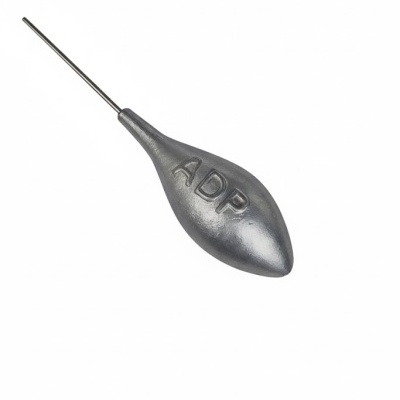 Chumbo de pesca cinzento metálico com haste fina e inscrição ADP