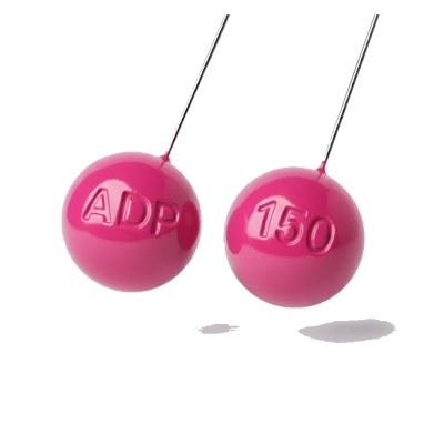Par de agulhas com cabeças cor-de-rosa e inscrições ADP e 150