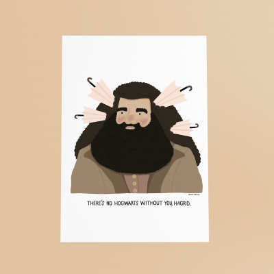 Cartaz de Hagrid com texto em fundo bege