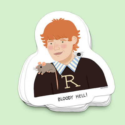 Adesivo com ilustração de rapaz ruivo e texto 'BLOODY HELL!'