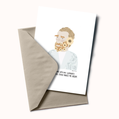 Cartão ilustrado com homem e girassóis, envelope castanho.