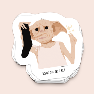 Autocolante de Dobby, elfo com meia preta, e texto 'DOBBY IS A FREE ELF'.