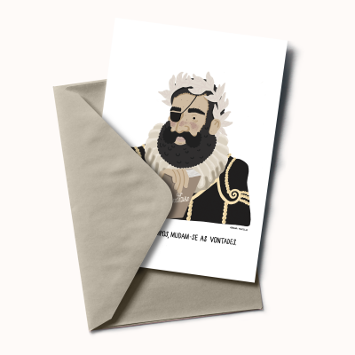 Cartão ilustrado com homem barbudo e envelope bege