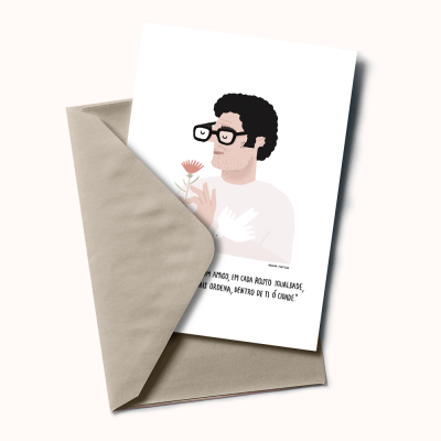 Cartão ilustrado com figura masculina e texto em português dentro de envelope bege