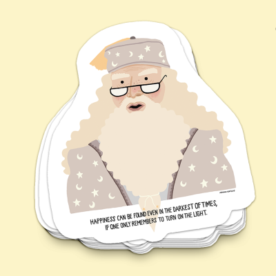 Autocolante de personagem com barba branca, tiara e roupa com estrelas e luas e texto em inglês