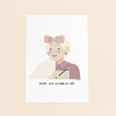 Cartão com ilustração de mulher loira, laço colorido e texto em inglês