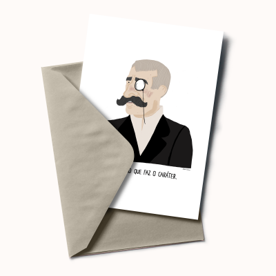 Cartão postal com ilustração de homem com monóculo e bigode, dentro de envelope cinza