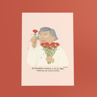 Ilustração de uma mulher idosa a segurar cravos vermelhos com gotas de água sobre fundo rosa claro