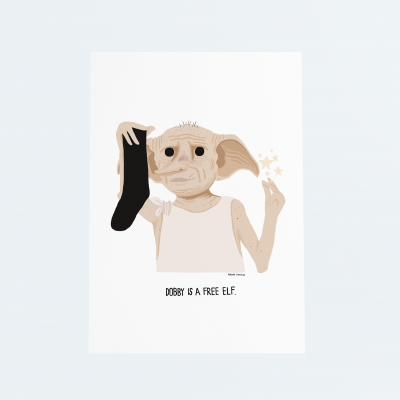 Ilustração de Dobby segurando uma meia preta e estrelas, com o texto 'DOBBY IS A FREE ELF.'.