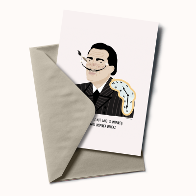 Cartão com ilustração de homem com charuto e relógio derretido, envelope cinzento