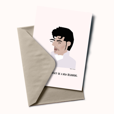 Cartão ilustrado com rosto masculino e envelope cinza claro