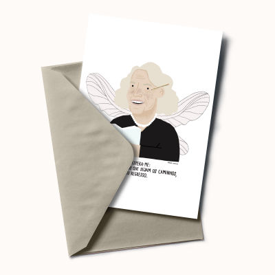 Cartão ilustrado com pessoa de cabelo comprido e asas dentro de envelope cinza