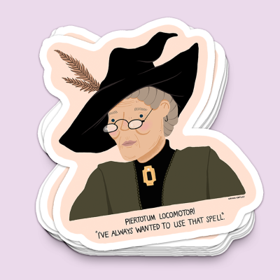 Autocolante da personagem Minerva McGonagall com chapéu de feiticeira e texto em inglês.