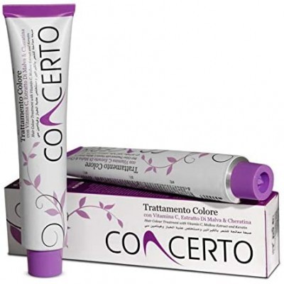 Embalagem e tubo de creme de tratamento capilar Concerto Trattamento Colore com tampa roxa e corpo branco