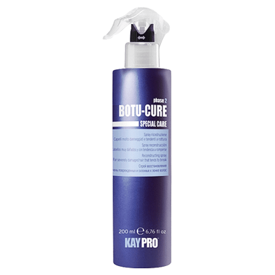 Frasco azul escuro de spray para cabelo com tampa preta e texto de rótulo.