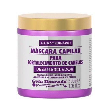 Frasco de máscara capilar roxo com tampa dourada e texto em roxo e branco