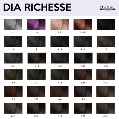 Amostras de cores de cabelo com códigos numéricos da coleção DIA RICHESSE da L'ORÉAL PROFESSIONNEL PARIS