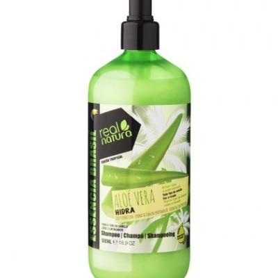 Frasco verde com doseador preto de shampoo Real Natura Aloe Vera Hidra
