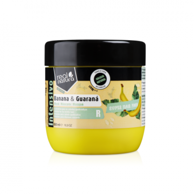 Pote amarelo de máscara capilar Banana & Guaraná com tampa preta