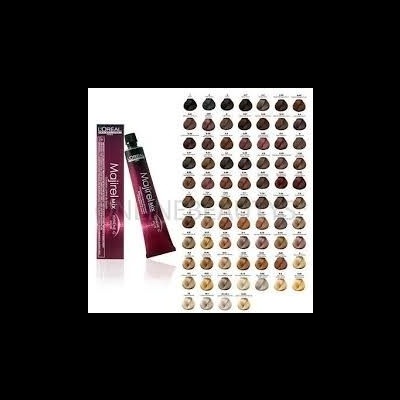 Tabela de cores de tintura Majirel da L'Oréal com tubo e caixa em vermelho escuro