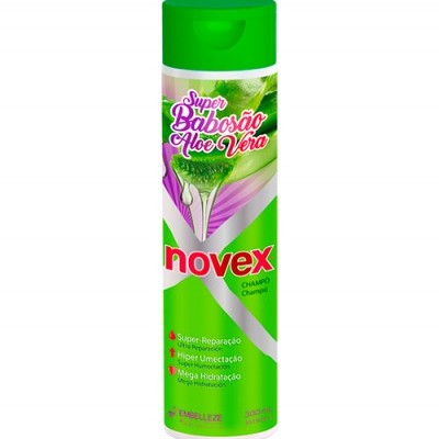 Frasco de champô Novex Super Babosão Aloe Vera verde com texto colorido