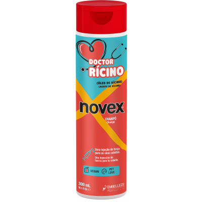 Frasco de champô Novex Doctor Rícino com tampa vermelha e rótulo colorido
