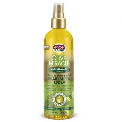 Frasco de spray para cabelo com rótulo verde e amarelo e texto em inglês