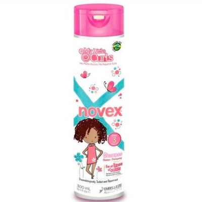 Frasco branco e rosa de champô Novex My Little Curls 3 com desenho e texto