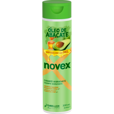 Frasco verde de champô hidratante Novex com óleo de abacate e mel